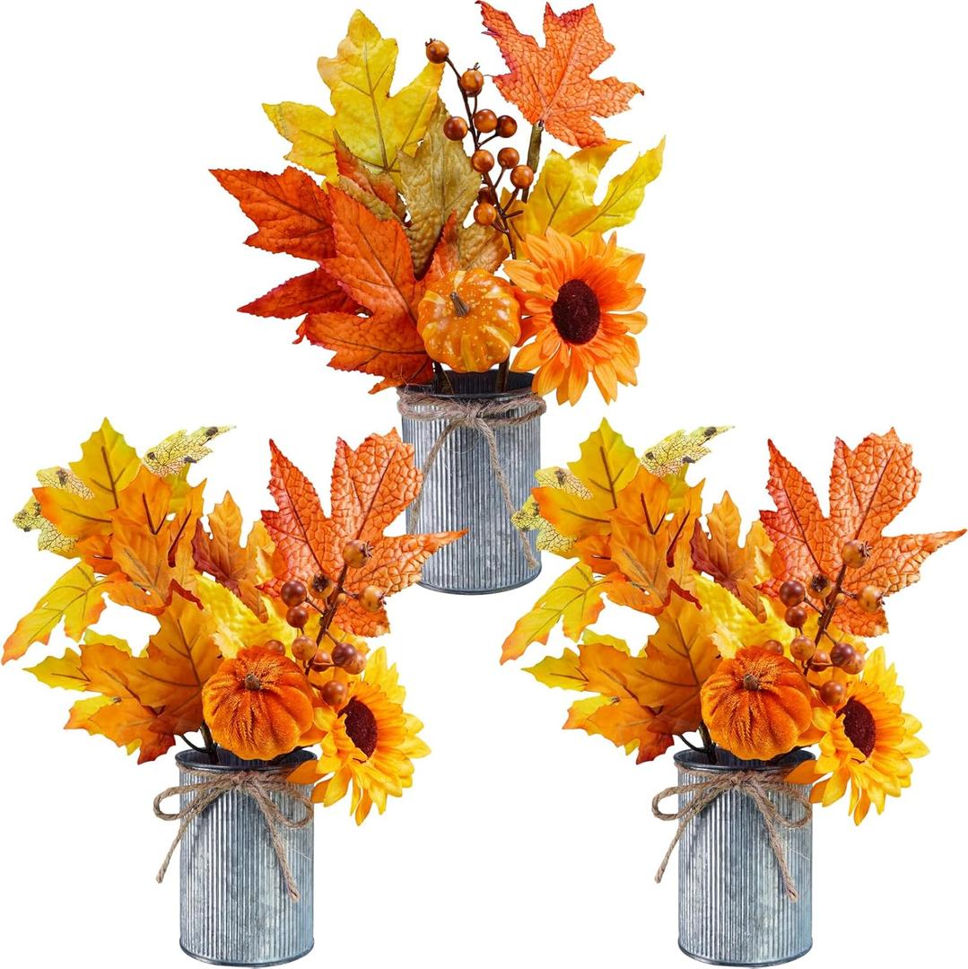 Winlyn 3 Pack Fall Faux Potted Plants Rustic Thanksgiving Floral Arrangements Artificial Fall Harvest Maple Leaf Picks in Metal Pots for Kitchen Home Autumn Wedding Table Centerpieces Mantel Decor