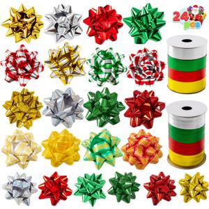 JOYIN 24 PCS Christmas Bows and Gift Ribbons with 22 Multi-Colored Assorted Size Gift Bows and 2 Rolls of Curling Ribbons for Present Christmas Wrapping Decoration