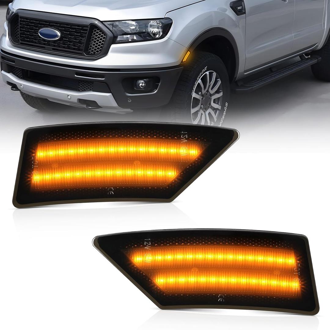 LED Side Marker Lights Compatible With Ford Ranger XL XLT Lariat 2019 2020 2021 2022 2023 Front Bumper Turn Signal Lamps Smoked Lens