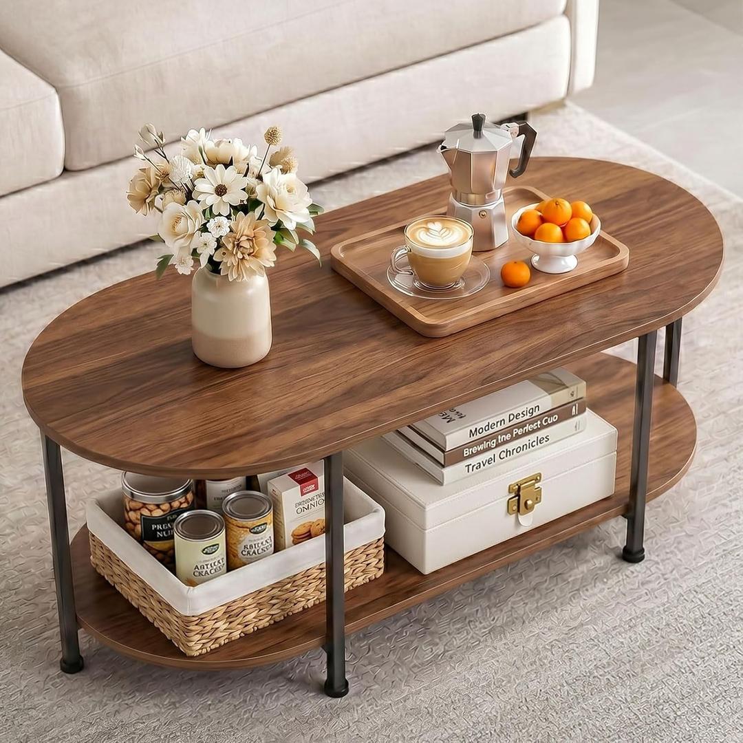 Coffee Table for Living Room, 39" Oval Coffee Table with Storage, 2-Tier Wood and Metal Center Table, Modern Living Room Table with Rounded Edge, Easy Assembly