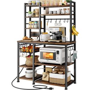 SNTD Baker Rack with Power Outlet - Microwave Stand with Storage, Large Coffee Bar Station with 14 Hooks, Metal Kitchen Shelf Rack for Spices, Pots (Rustic Brown) | with Power Outlet, with Storage, with 14 Hooks, for Spices, for Pots
