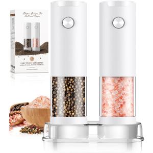 Electric Salt and Pepper Grinder Set Automatic Battery Pepper Mill Shakers Kitchen Gadgets Adjustable Coarseness Upgraded Larger Capacity with Led Birthday Gifts for Women (White/White)