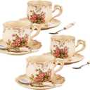 CHILDIKE Tea Cups and Saucers Set of 4, 8 Oz Ivory Rose Floral Porcelain Teacup and Saucer Set with Gold Trim, Vintage Tea Cups with Spoon, European Style (Pink Rose)