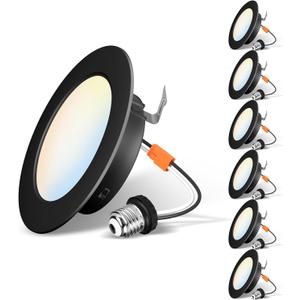 LVWIT Black LED Recessed Light 4inch, Can Lighting Color Selectable 2700/3000/4000/5000/6000K 5CCT, 6W(85W Equivalent) Dimmable Downlight with E26 Conversion Kit, Ceiling Light Fixtures, 5 Pack