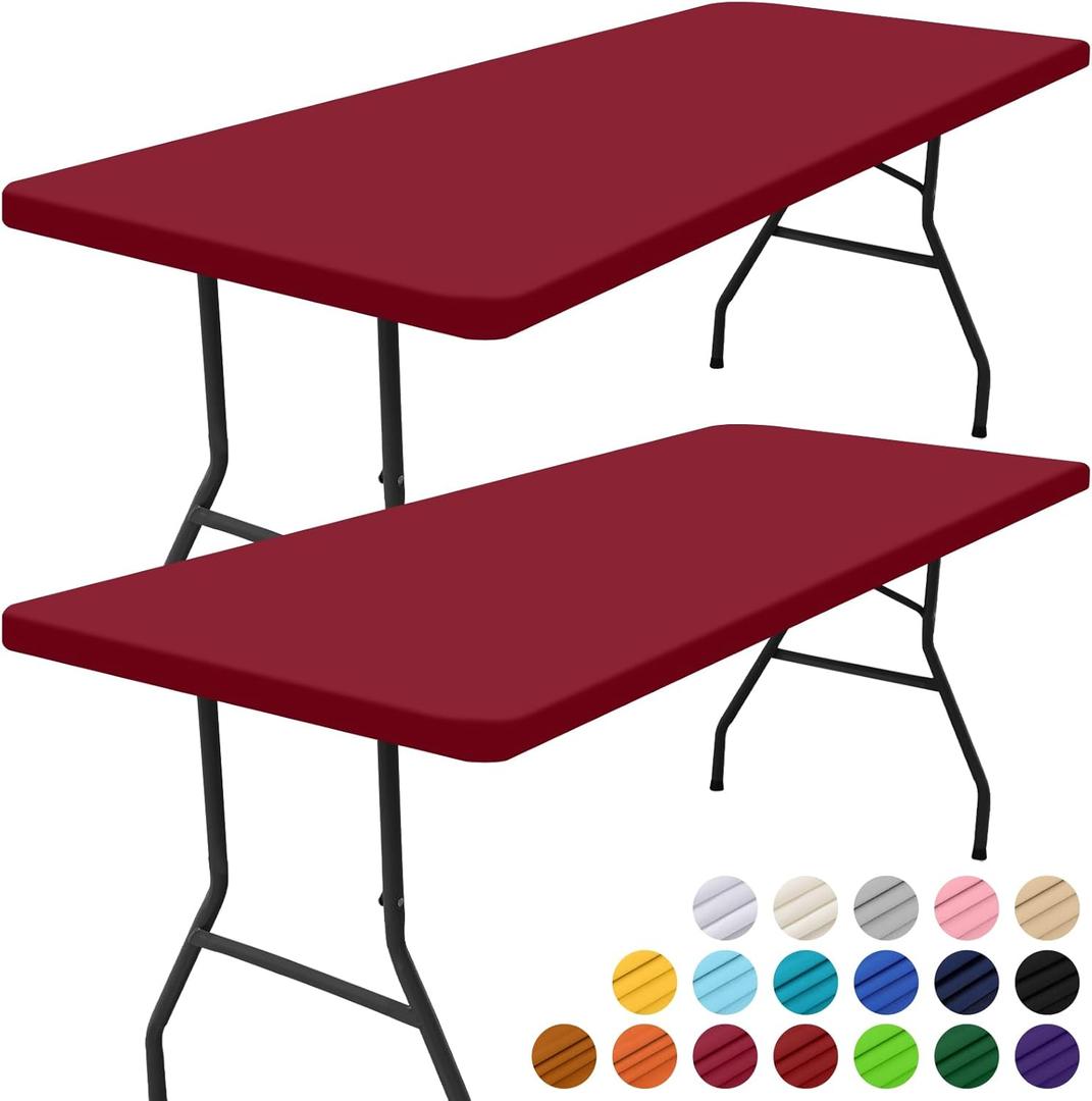 Smiry 2 Pack Rectangle Picnic Table Cloth, Waterproof Elastic Fitted Tablecloths, Washable Polyester Rectangular Patio Table Cover for Camping, Indoor and Outdoor (Red, 30"x96")