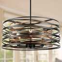 23.6'' Rustic Large Drum Chandeliers for Dining Room, 6-Light Modern Farmhouse Lighting for Kitchen Island, Retro Round Entryway Light Fixture, Black with Retro Wood Texture Interior