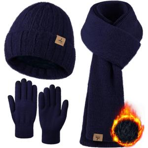 Winter Beanie Hat Scarf Gloves, Warm Fleece Knit Hat Long Scarf Neck Warmer Touch Screen Winter Gloves Set Gifts for Women (Navy Blue)