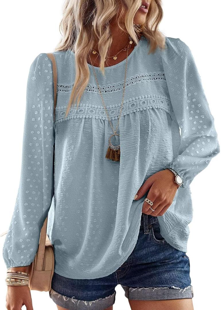 Falechay Boho Tops for Women Long Sleeve Shirts Crewneck Flowy Womens Blouses Dressy Casual Lace Hem Clothing Trendy 2026 XL