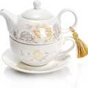 Tea for One Set, Porcelain Floral Teapot Cup Saucer Set with Tassel Decorative, Vintage Bone China Teapot Rose Pattern Gift for Women Home Office, Dishwasher, Microwave Safe