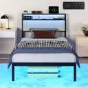 Twin Bed Frames with LED Lights & Charging Station, Metal Platform Frame with Upholstered Headboard, No Box Spring Needed, Noise Free, Easy Assembly