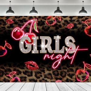 Girls Night Backdrop 7Wx5H Feet Leopard Print Cheetah Print Neon Red Cherry Lips Birthday Decor Vintage Woman Girly Fabric Polyester Photography Background Banner Photo Shoot Decor Prop