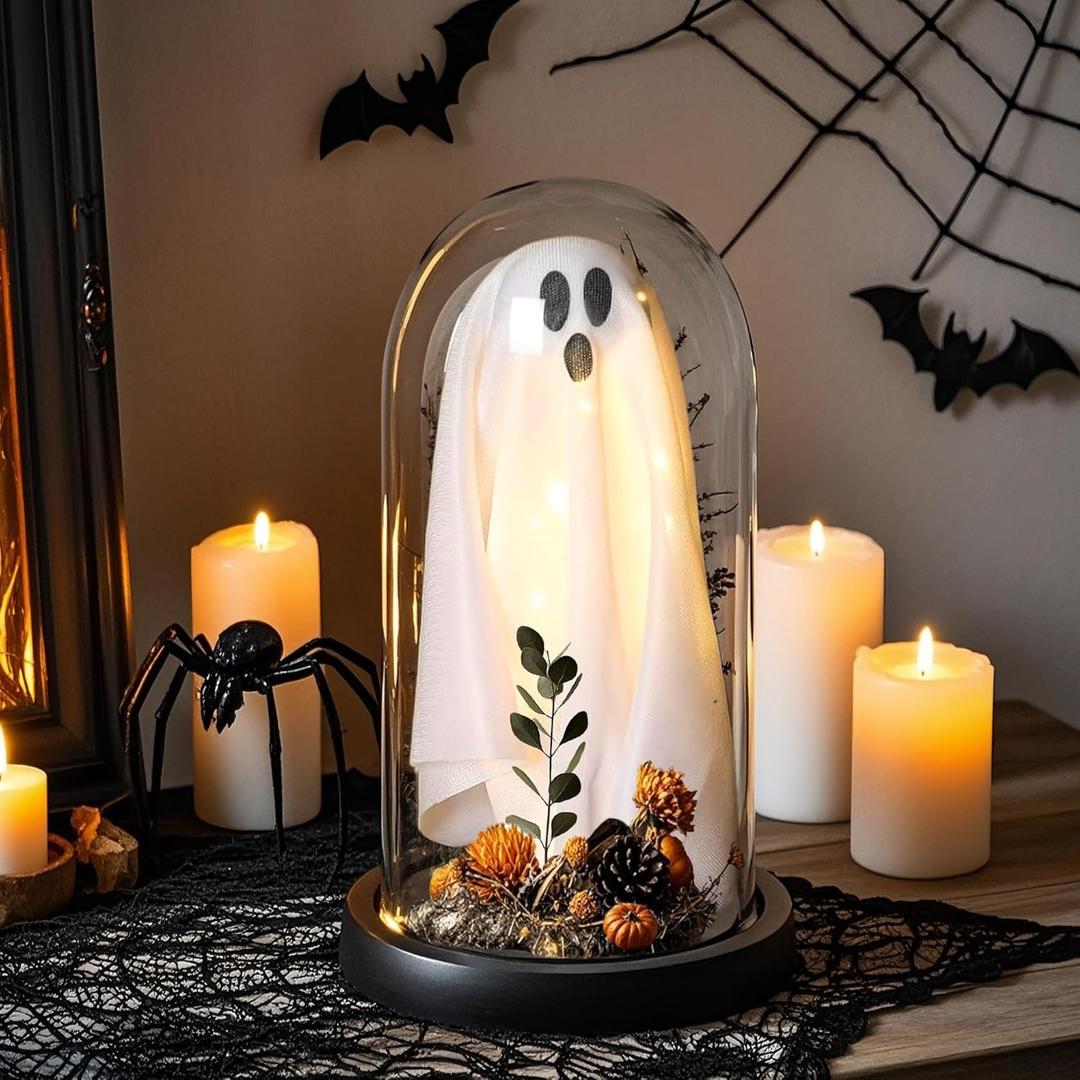 Light Up Ghost in Removable Glass Dome, Cute White Spirit Decoration for Winter Tabletop, Cozy Home Accent, Holiday Night Light for Mantel, Bedroom or Office Decor