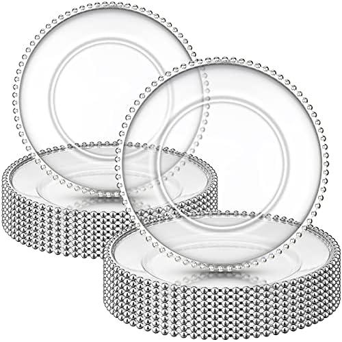 Zopeal 18 Pcs Plastic Beaded Charger Plates 13 Inch Round Dinner Chargers Silver Bead Charger for Dinner Clear Service Plates for Wedding Birthday Party Events Bridal Shower Tabletop Decoration