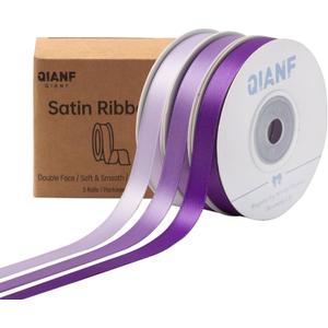 QIANF Purple Double Face Satin Ribbon 3/8 Inch x 45 Yards Lavender Fabric Ribbon for Gift Wrapping, Flower Bouquets, Hair Bows Making, Wedding Decoration, Invitation Cards, Christmas (3 Rolls *15Yd)