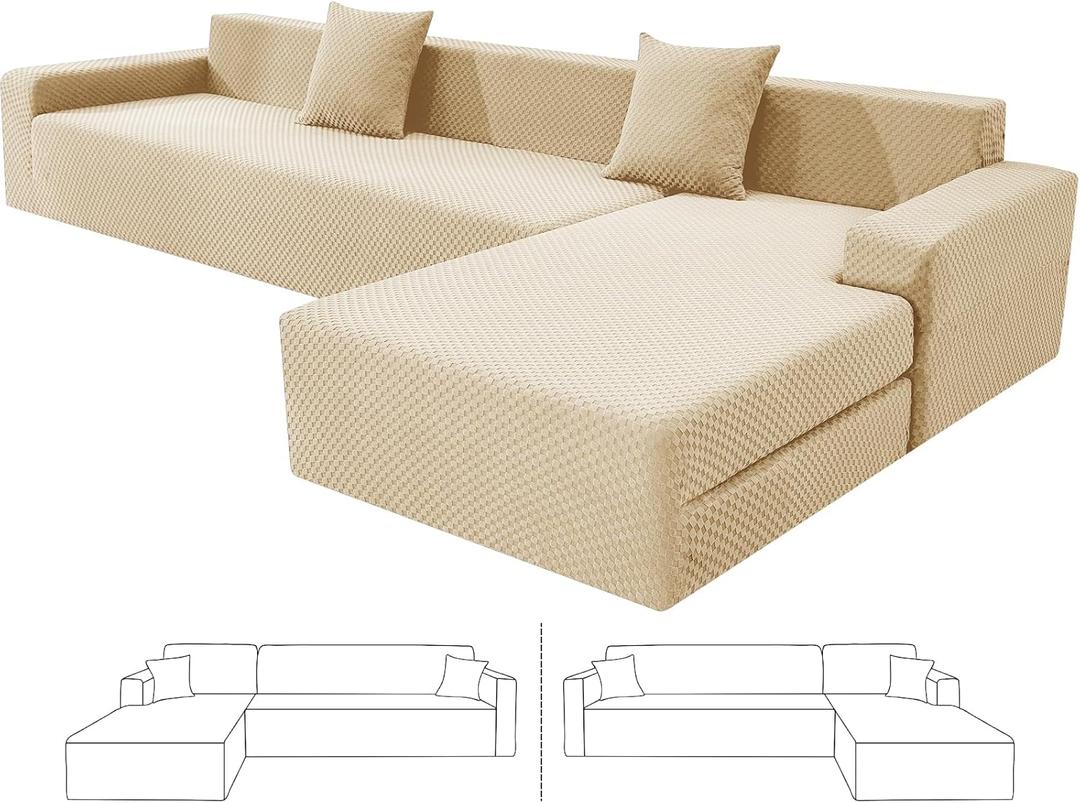 ZNSAYOTX Sectional Couch Covers, Stretch Jacquard Slipcovers with Elastic Bottom for L-Shape Sectional Sofa, 2 Pcs Pet Friendly Modular Sofa Protector (3 Seat Couch + 3 Seat Chaise, Light Beige)