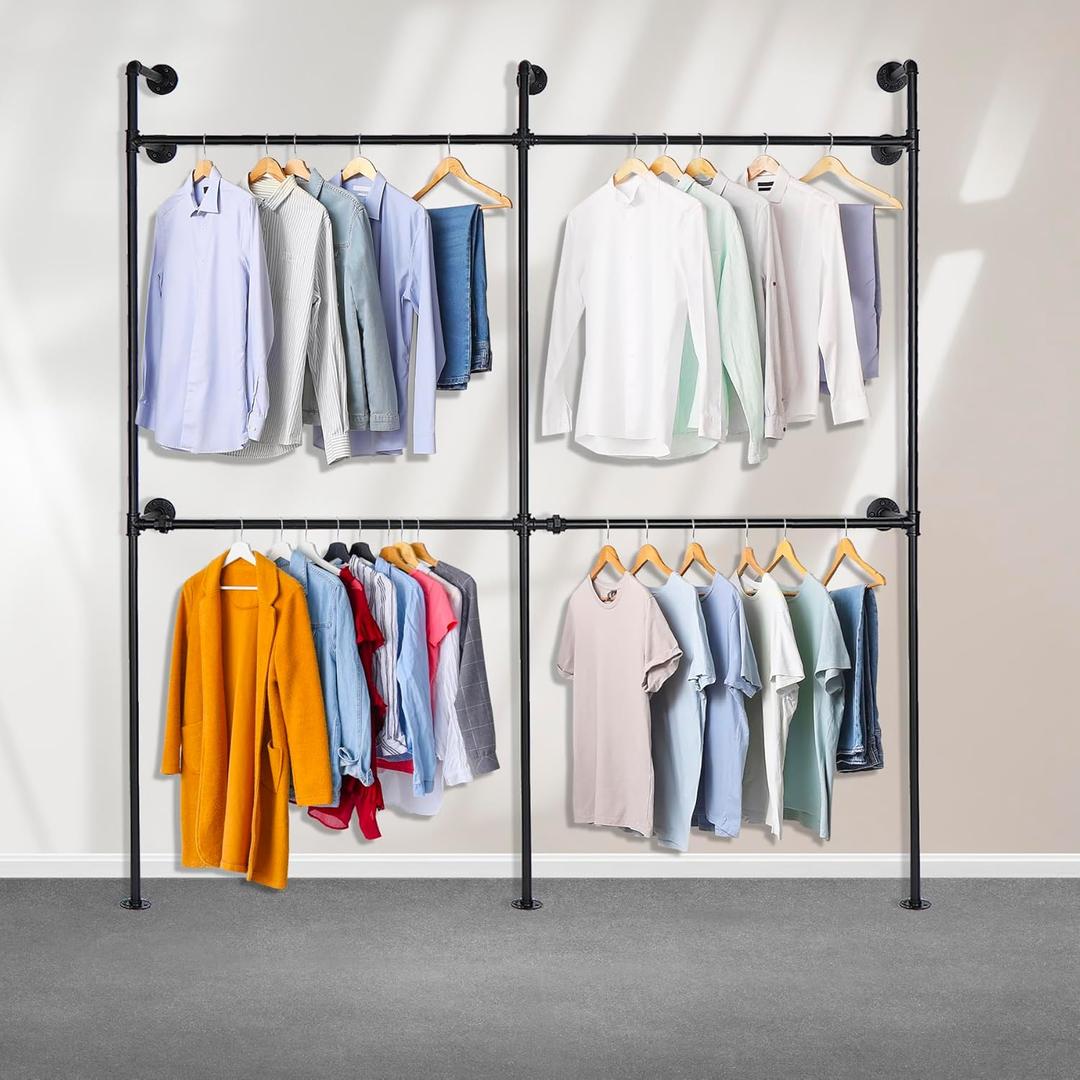 Industrial Pipe Clothing Rack Metal, Minimalist Retro Walk-in Closet System, Heavy Duty Wall Mounted Industrial Pipe Closet Organizer for Hanging Clothes ( 2 Tier, 88.58"H x 78.74W x 9.84"D)