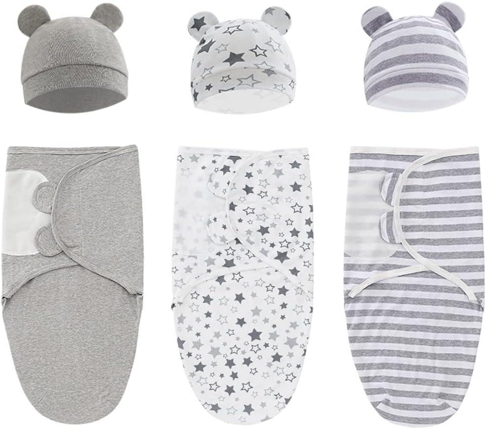 Baby Swaddle Sleep Sack with Hat Set for 0-3 months 3-Pack Soft Cotton Newborn Wearable Swaddle Wrap for Girls Boys (Grey & Star & Stripe)