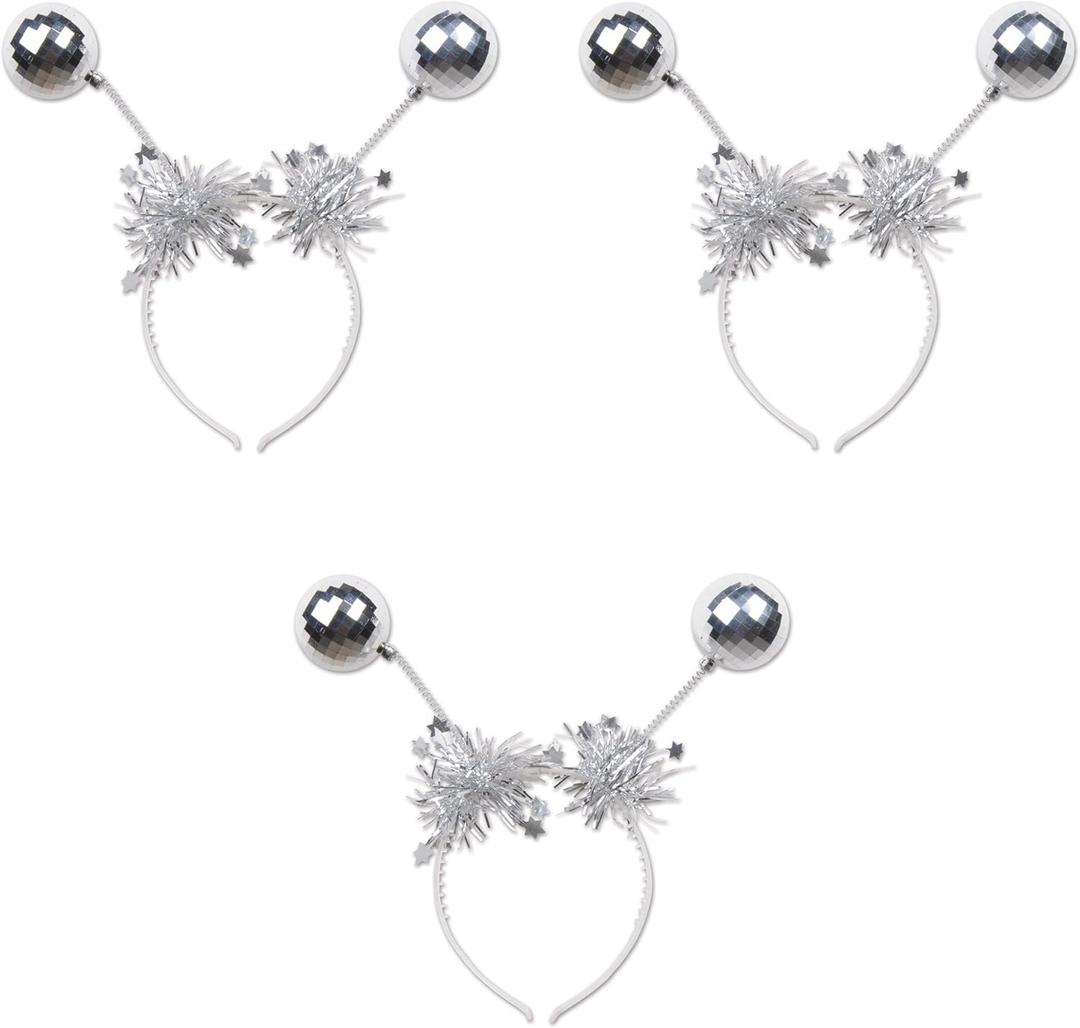 Beistle 3-Piece Silver Ball Boppers, Festive Headband with Fringe & Plastic Disco Balls, Christmas Costume Accessories & Holiday Headpiece, One Size