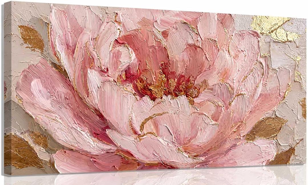Large 2D Pink Peony Canvas Wall Art, Modern Pink and Gold Floral Poster Print Artwork, Elegant Abstract Flower Painting Picture Wall Decor, Ready to Hang for Living Room Home Decoration 40x20in