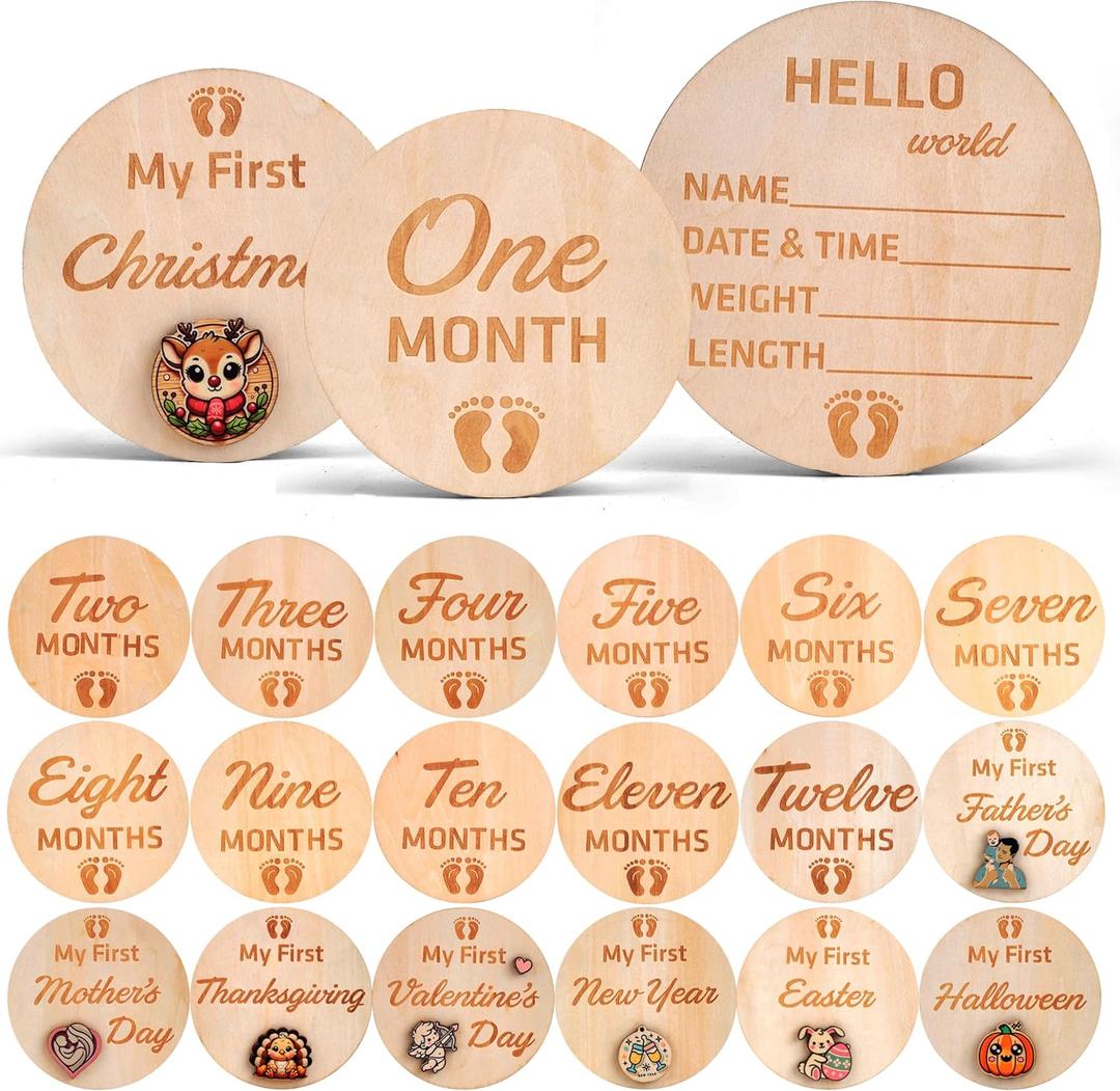 Monthly Baby Milestone Cards - 11 Wooden Discs, 20 Milestones - Baby Monthly Milestone Signs, My First Holiday Milestones & Hello World  Gender Neutral Baby Gifts (First Celebrations)