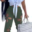 KEYUFANG Women 2 Piece Outfits Set Casual Crop Top Shirt Hollowed Out Sweatpants Women Fashion Tracksuit (White, XXL)