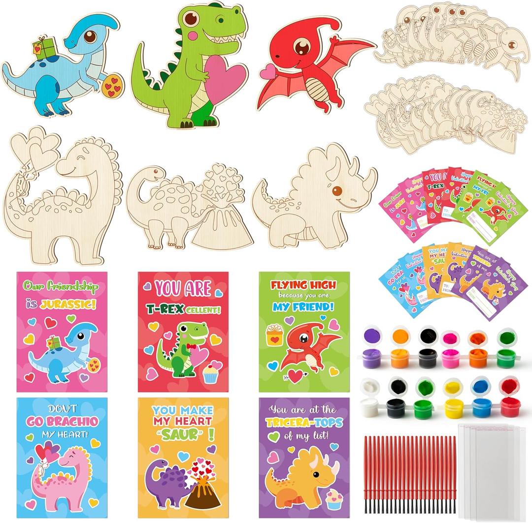 CJiangpo Valentines Day Gifts for Kids - 24 Pack Dinosaur Wood Painting Craft Kits, Valentines Cards with Watercolor Paint Bulk, Color Your Own Painting Craft Kids Classroom Exchange Gift Party Favor