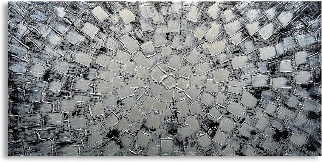 MyArton Textured Abstract Squares Canvas Wall Art Hand Painted Modern Black Silver Oil Painting for Home Decoration Ready to Hang Horizontal or Vertical 48x24inch
