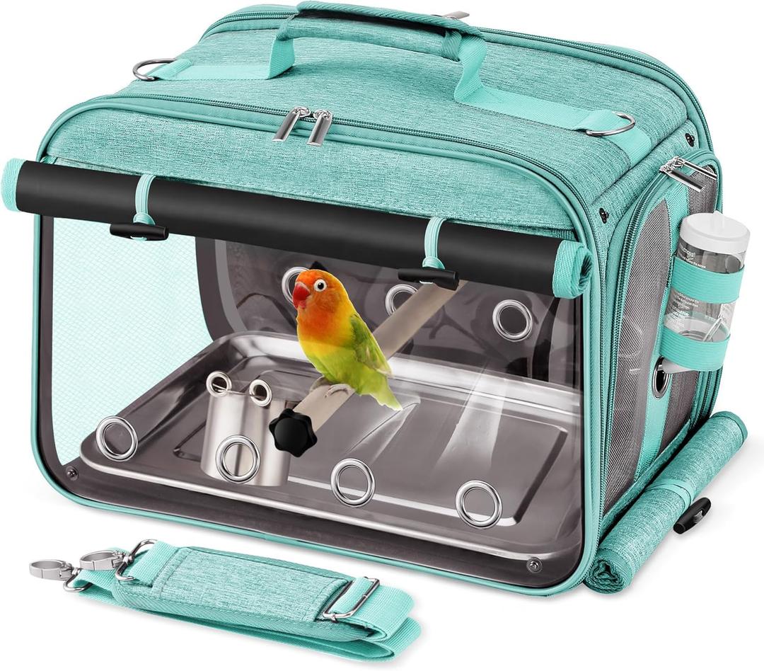 Suertree Bird Carrier Airline Approved, Bird Travel Cage with Indestructible Stainless Steel Mesh, Bird Travel Bag Lightweight and Portable with Water Bottle and Bowl (Green)