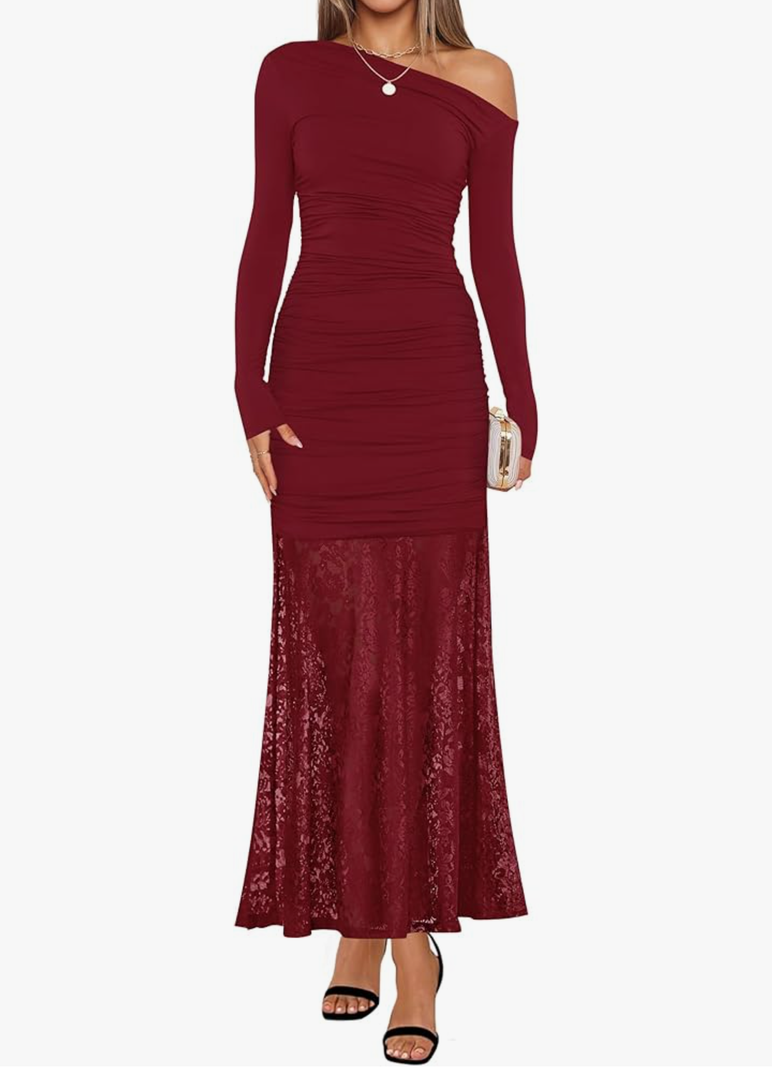 ZESICA Women's Long Sleeve Off Shoulder Bodycon Dresses Fall 2026 Ruched Lace Wedding Guest Cocktail Formal Maxi Dress, Size S