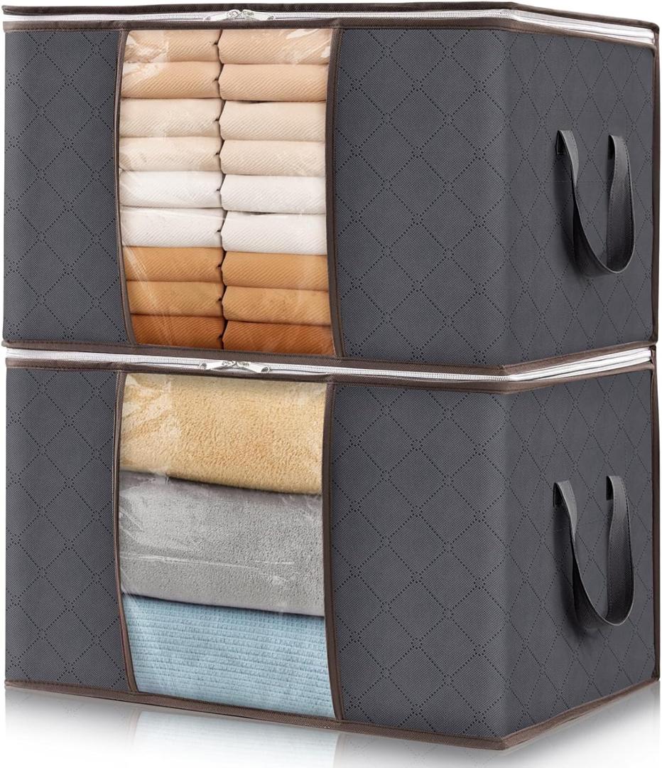 Lifewit 2 Pack 60L Clothes Storage Bins with Lids, Foldable Blanket Storage Bags with Zippers, Clear Window and Reinforced Handles, Closet and Organization for Clothing, Sweater, Comforter, Bedding