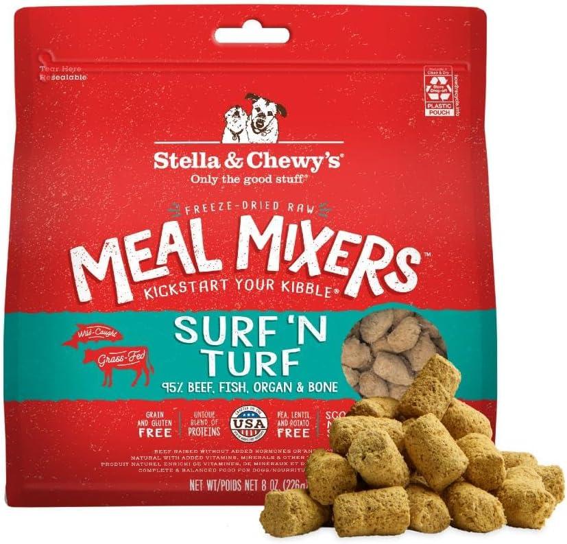 Stella & Chewy's Freeze-Dried Raw Surf & Turf Meal Mixers - Dog Food Topper and Mixer - Made with 95% Grass-Fed Beef & Wild-Caught Salmon - Perfect for Picky Eaters - Grain-Free - 8 oz (8 Ounce (Pack of 1)), Best if used by Sep 25, 2025