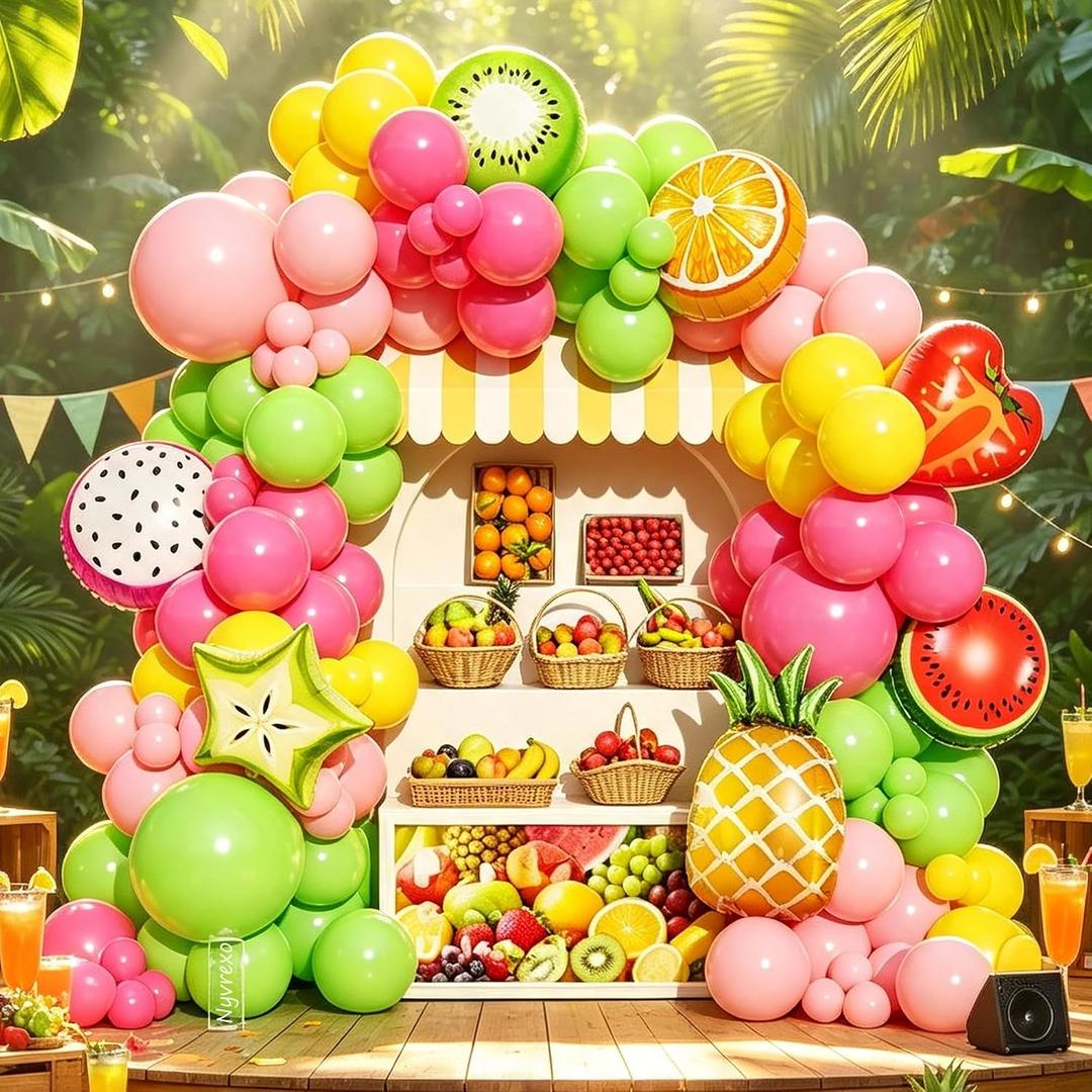 2 x Pink and Yellow Balloon Arch Kit for Fruit Theme Birthday Party, 5 inch; 10 inch; 18 inch