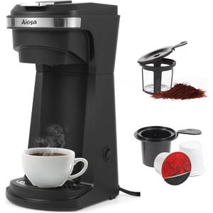 2 in 1 Single Serve Kcup Coffee Maker (6-14Oz), 800W Fast Brew, Compact Design with Reusable Filter, One-Button Auto Shut-Off, Travel Mug Fit, Compatible with K-Cup/Ground Coffee/Tea, Black