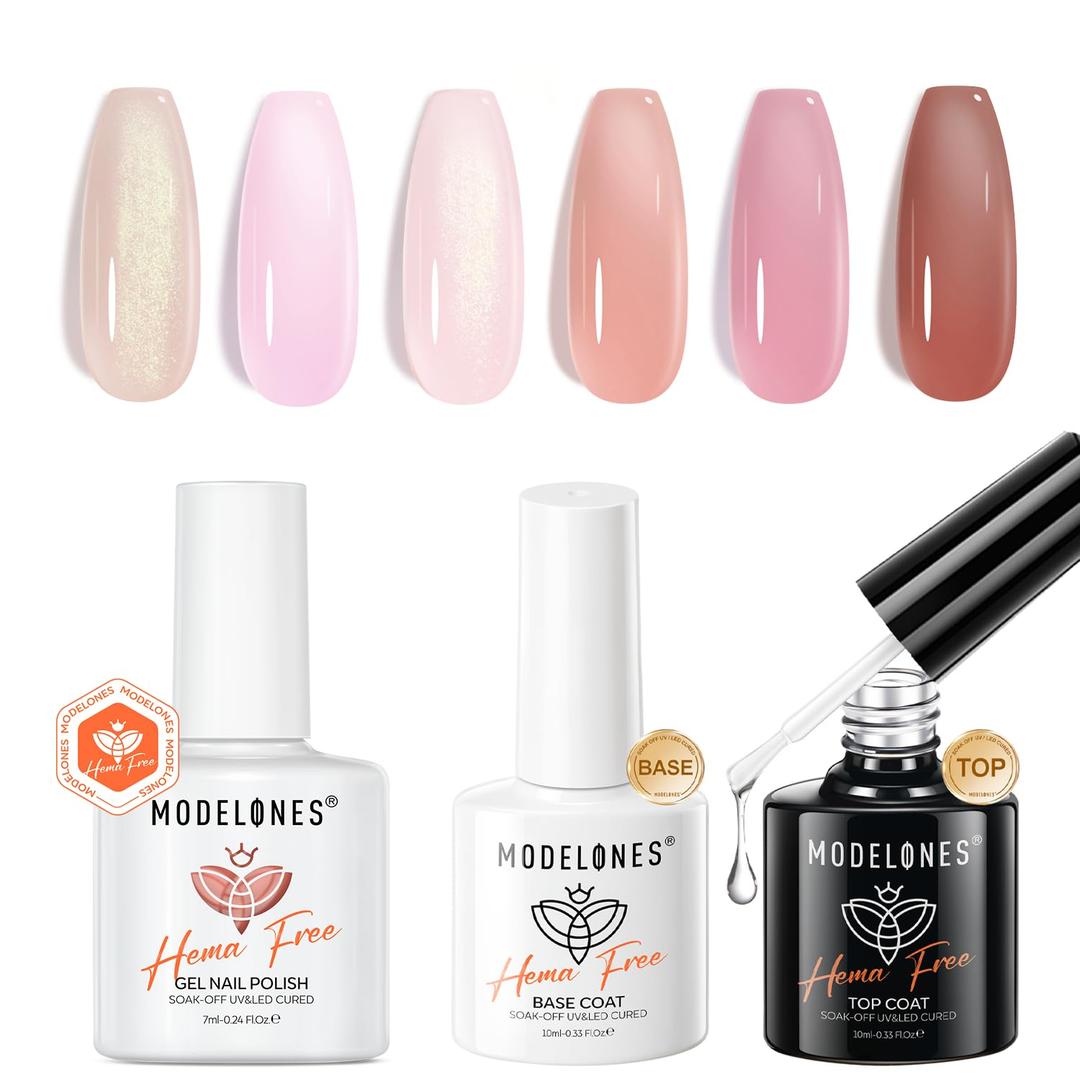 modelones 6 Colors Hema Free Gel Nail Polish Set with Hema-Free Gel Base and Top Coat Set