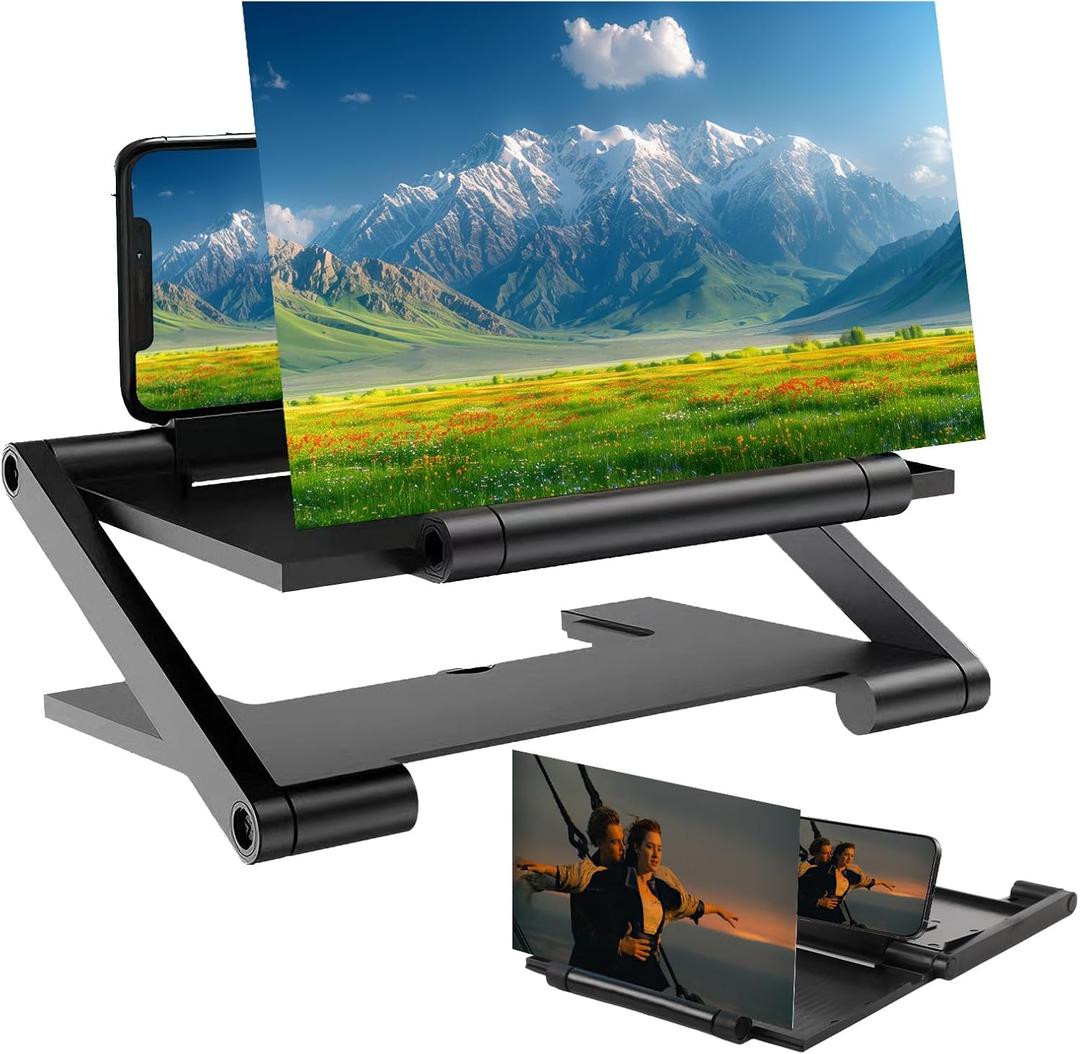 Mobile Phone Magnifier Screen, 2026 New 3D HD Magnifying Projector Screen Enlarger for Movies, Videos and Gaming, Foldable Phone Stand with Screen Amplifier, Compatible with All Smartphones (Black)