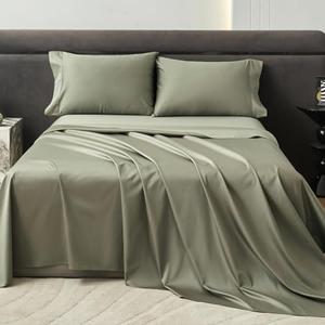 PURE ERA Sheet Set 800 Thread Count Long Staple Cotton Sateen Silky Soft Luxurious Smooth 4 Piece Set, Deep Pocket up to 16" (Light Olive Green King)