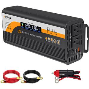 1000W Pure Sine Wave Inverter (2000W Peak), 12V/24V Auto-Detect, 50Hz/60Hz Switchable, LCD Display, Type-C Fast Charging, Silent Design, Overload & Overheat Protection for RV, Home (Black-1000W)
