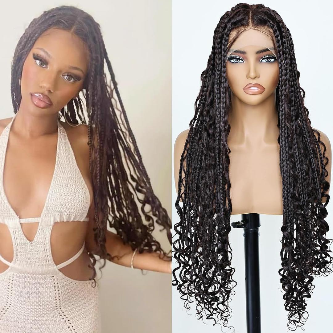 32 Inch Triangle Based Box Braid Wig for Black Women Brown Knotless Box Braids Wig Glueless Long Synthetic Braided Full Lace Wig