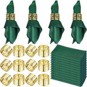 Nitial 24 Pcs Christmas Napkin and Rings Set 12 Packs Green Napkins Cloth Washable 12 Pcs Golden Hollow Napkin Rings for Holiday Table Decoration Wedding Birthday Xmas Party