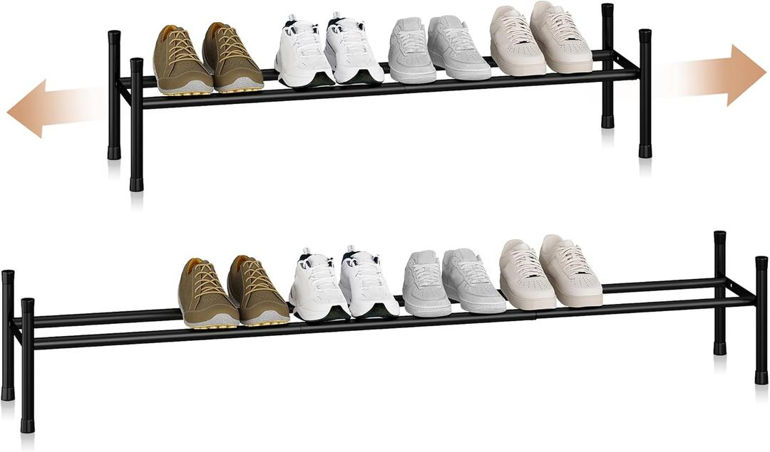 STORAGE MANIAC Long Expandable Shoe Rack, 6 Pairs Metal Wide Stackable Shoe Rack, Adjustable Shoes Shelf, Freestanding Shoes Organizer for Closet, Entryway, Hallway, Garage, Front Door, 1 Tier (Black)