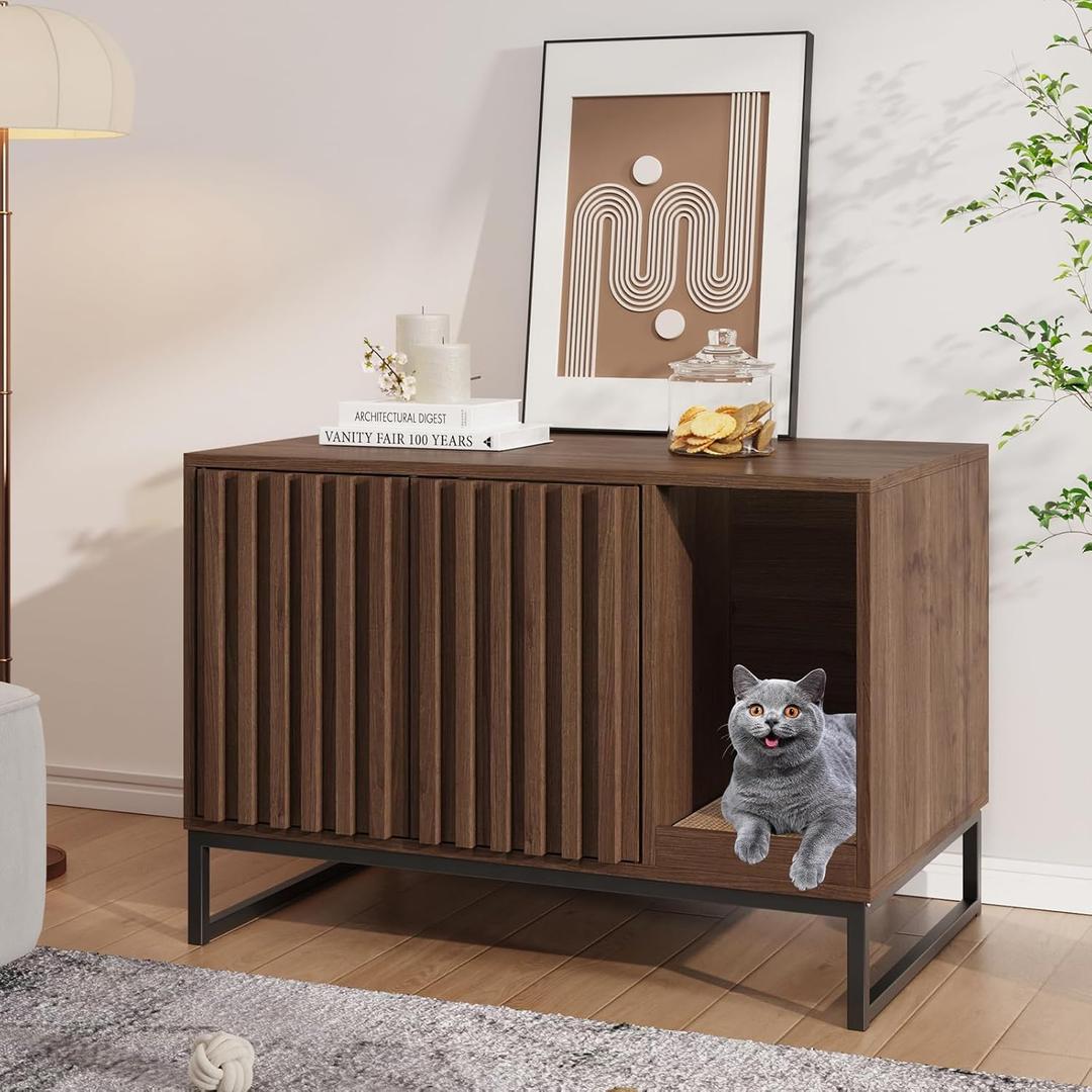 Halitaa Cat Litter Box Enclosure, Modern Hidden Litter Box Furniture with Scratch Pad, Indoor Cat Washroom House End Table, Entryway Bench for Livingroom (Walnut) (Brown)