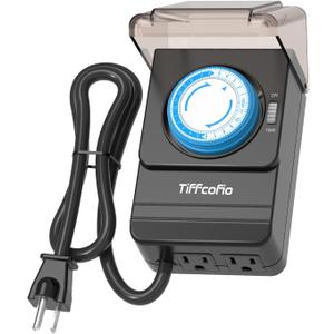 TiFFCOFiO Outdoor Heavy Duty Mechanical Timer Outlet Waterproof, 15 Minutes Intervals, 24 Hour Outdoor Pool Pump Timer with 2FT Cord, 2 Grounded Outlets for Outdoor Lights, 15A/1875W