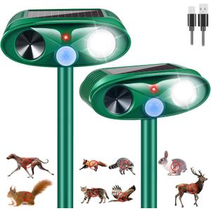 Upgraded Cat Deer Repellent Devices Solar Ultrasonic Animal Repeller Outdoor with Motion Sensor & Flashing Light, Animal Deterrent Devices for Squirrel Raccoon Dog Rabbit Skunk for Yard Garden, 2 Pack