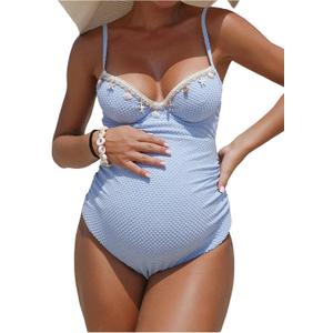 OYOANGLE Women's Maternity One Piece Swimsuits Textured Shell Decor V Neck Pregnancy Bathing Suit, Baby Blue, Small