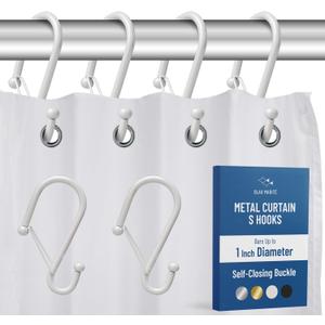 12 Decorative Metal Shower Curtain Hooks, S-Shaped Hooks with Anti-Fall System, Rust-Proof Shower Rings with Safety Buckle, Fits Rods Up to 1-Inch Diameter (S, White)