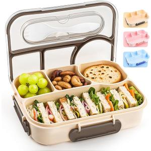 EASYFUN Bento Box Adult, Lunch Box Kids, 4-Compartment Lunch Containers, Drop-Proof, Dishwasher Safe & Made with BPA-Free Materials(Khaki)
