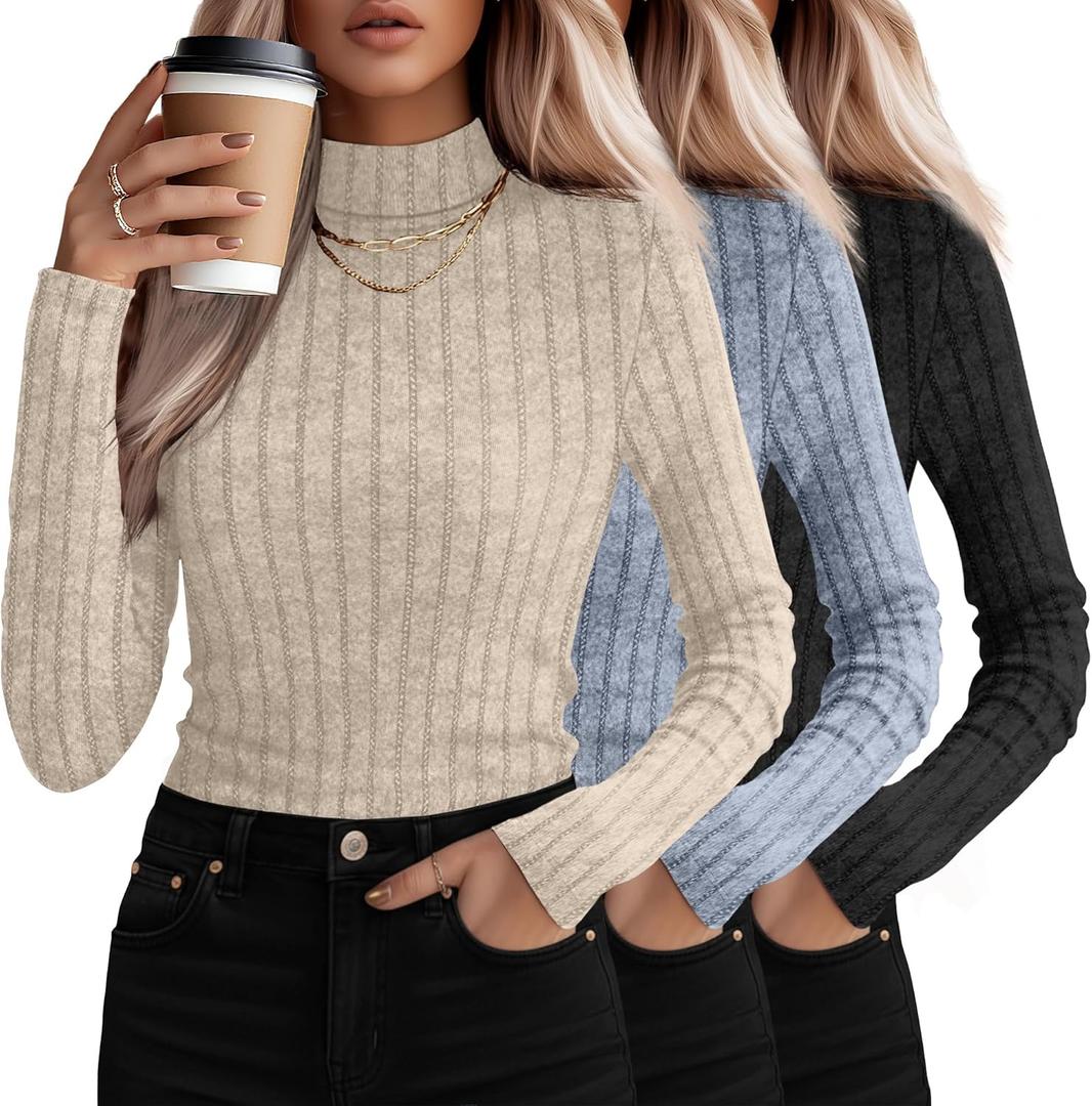 3 Pack Women's Mock Turtleneck Sweaters, Long Sleeve Ribbed Knit Tops Fit Soft Thermal Underwear, Lightweight Spring Pullover (Apricot, Light Blue, Black)