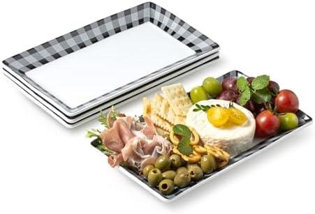 LAUCHUH Serving Platters, 10 inch Porcelain Checkered Dinner Plates Set of 4 Black and White Rectangular Plates Serving Dishes for Entertaining, Sushi, Cupcakes, Cookies, Fruit, Vegetables