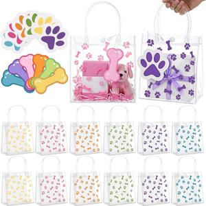 Sweetude 24 Pcs Dog Paw Clear Gift Bags with Handles Tags and Raffia Paper Shreds Puppy Pet PVC Bags Treat Tote Gift Goodie Candy Party Favors Supplies (1 count (Pack of 24))