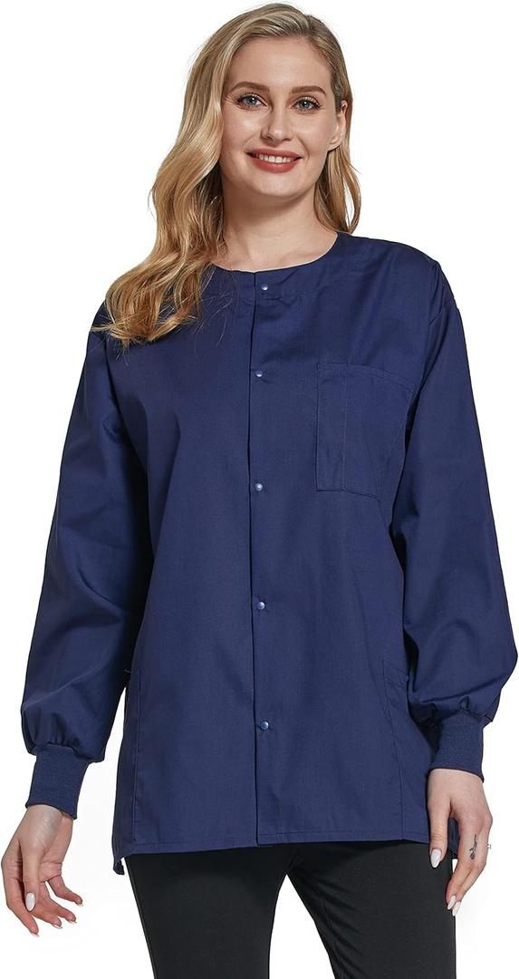 VOGRYE Women's Scrub Jacket Warm Up Snap Front Medical Uniform with 2 Pockets,Stretch Cotton Blend for Healthcare Hospital, L